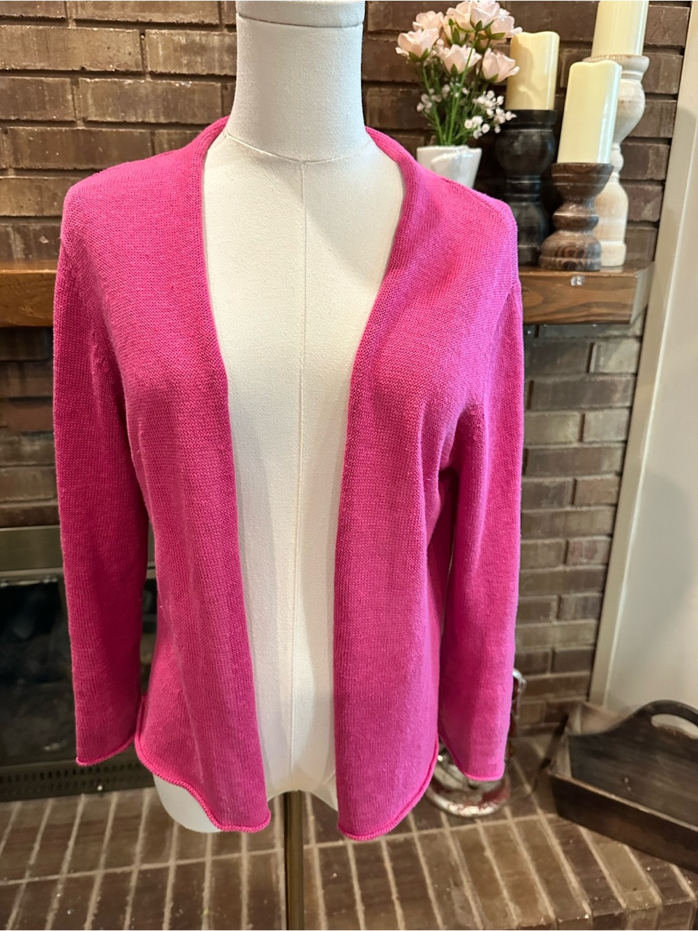 Eileen Fisher 100% Linen Open Front Cardigan Magenta Pink Medium M